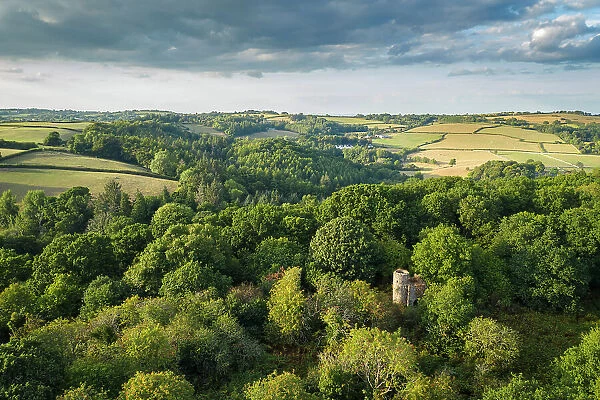 Aerial view of Rushford Tower, a little known 19th Century Victorian folly near Chagford in Dartmoor National Park, Devon, England. Summer (August) 2022