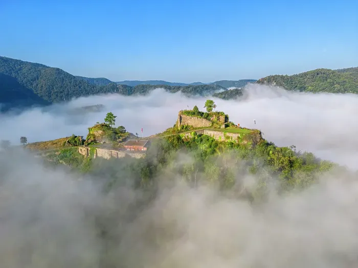 Framed Print : Aerial view at the Saffenburg in morning fog, Mayschoss, Ahr valley, Eifel, Rhineland-Palatinate, Germany Framed Print : Aerial view at the Saffenburg in morning fog, Mayschoss, Ahr valley, Eifel, Rhineland-Palatinate, Germany