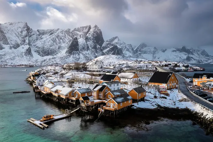 Framed Print : Aerial view of the Sakrisoya island and Reine Bay towards Reinebringen in winter, Lofoten Islands, Norway Framed Print : Aerial view of the Sakrisoya island and Reine Bay towards Reinebringen in winter, Lofoten Islands, Norway