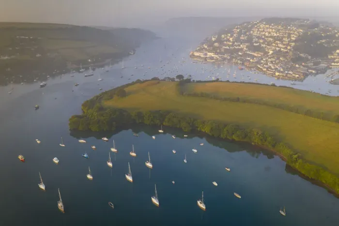 Framed Print : Aerial view of Salcombe and the Kingsbridge Estuary at dawn on a misty morning Framed Print : Aerial view of Salcombe and the Kingsbridge Estuary at dawn on a misty morning