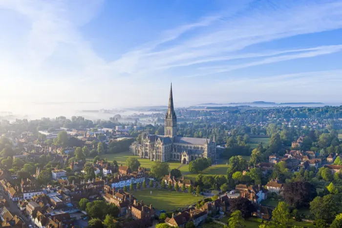Framed Print : Aerial view over Salisbury and Salisbury Cathedral on a misty summer morning, Salisbury