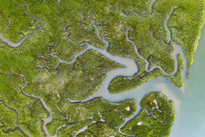 Framed Print : Aerial view of salt marshes on the Camel Estuary, Wadebridge, Cornwall