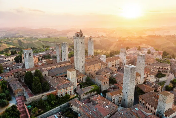 Framed Print : Aerial view of San Gimignano with its characteristic towers at sunrise. San Gimignano, Siena province, Tuscany, Italy Framed Print : Aerial view of San Gimignano with its characteristic towers at sunrise. San Gimignano, Siena province, Tuscany, Italy