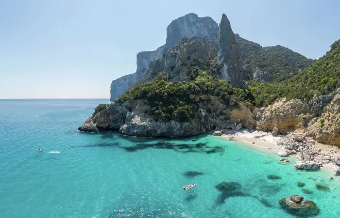 Framed Print : Aerial view of the sand beach of Cala Goloritze. Sardinia. Italy