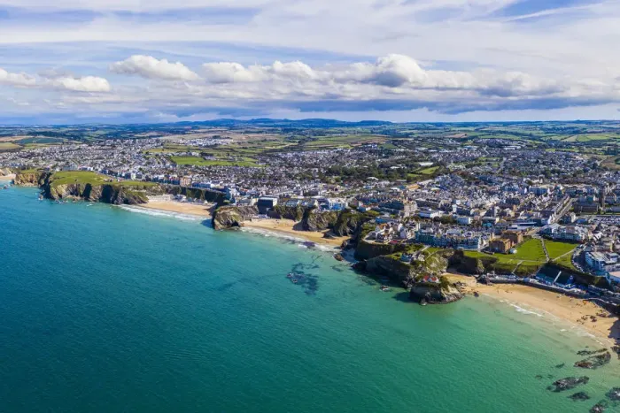 Framed Print : Aerial view over the sandy beaches of Newquay, Cornwall, England Framed Print : Aerial view over the sandy beaches of Newquay, Cornwall, England