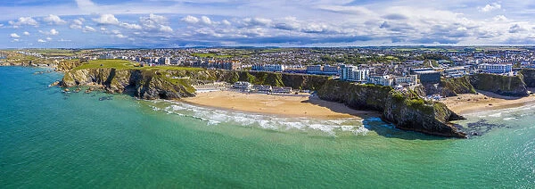 Aerial view over the sandy beaches of Newquay, Cornwall, England