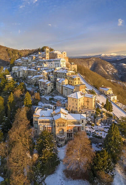 Aerial view of Santa Maria del Monte and the chapels of the sacred way during a winter