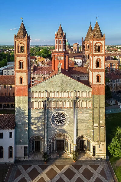 Aerial view of the Sant'Andrea Basilica of Vercelli at sunset in spring. Vercelli, Vercelli district, Piedmont, Italy