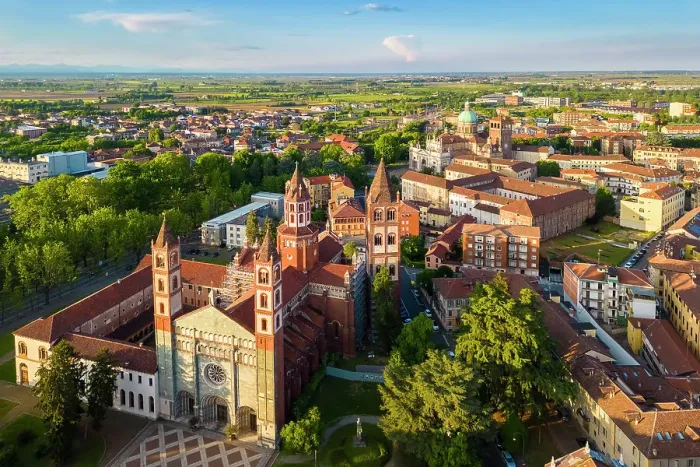 Framed Print : Aerial view of the Sant'Andrea Basilica of Vercelli at sunset in spring. Vercelli, Vercelli district, Piedmont, Italy