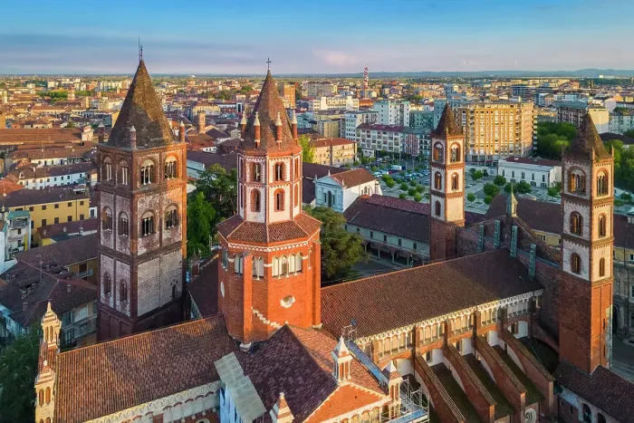 Framed Print : Aerial view of the Sant'Andrea Basilica of Vercelli at sunset in spring. Vercelli, Vercelli district, Piedmont, Italy