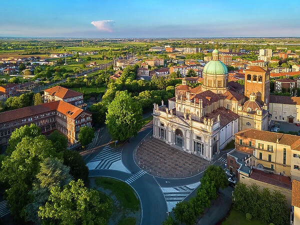 Aerial view of the Sant'Eusebio Cathedral of Vercelli at sunset in spring. Vercelli, Vercelli district, Piedmont, Italy