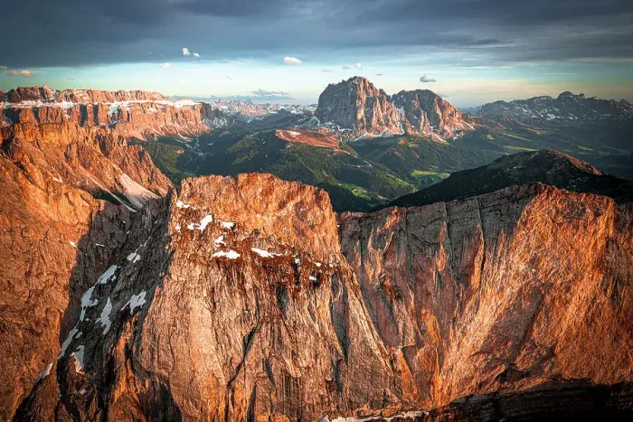 Framed Print : Aerial view of Sassolungo group, Sassopiatto, Sella, Gardena Valley and Seceda at sunset, Dolomites, South Tyrol, Italy Framed Print : Aerial view of Sassolungo group, Sassopiatto, Sella, Gardena Valley and Seceda at sunset, Dolomites, South Tyrol, Italy