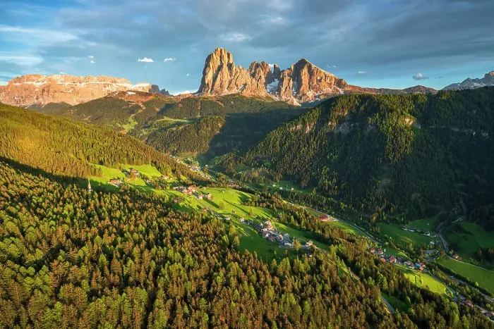 Framed Print : Aerial view of Sassolungo group, Sassopiatto, Gardena Valley and at sunset in spring, Dolomites, South Tyrol, Italy Framed Print : Aerial view of Sassolungo group, Sassopiatto, Gardena Valley and at sunset in spring, Dolomites, South Tyrol, Italy