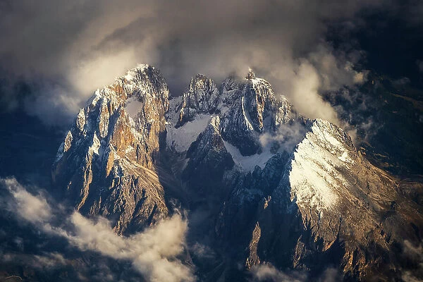 Aerial view of Sassolungo (Langkofel) mountain group, Dolomites, Trentino Alto Adige - South Tyrol, Italy