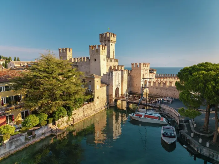 Framed Print : Aerial View over Scaliger Castle, Sirmione, Lake Garda, Brescia province, Lombardy, Italy Framed Print : Aerial View over Scaliger Castle, Sirmione, Lake Garda, Brescia province, Lombardy, Italy