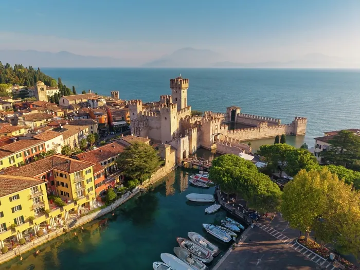 Framed Print : Aerial View over Scaliger Castle, Sirmione, Lake Garda, Brescia province, Lombardy, Italy Framed Print : Aerial View over Scaliger Castle, Sirmione, Lake Garda, Brescia province, Lombardy, Italy