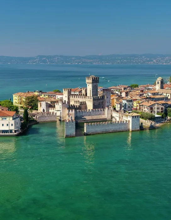 Framed Print : Aerial View over Scaliger Castle, Sirmione, Lake Garda, Brescia province, Lombardy, Italy Framed Print : Aerial View over Scaliger Castle, Sirmione, Lake Garda, Brescia province, Lombardy, Italy