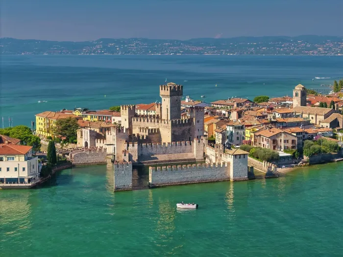 Framed Print : Aerial View over Scaliger Castle, Sirmione, Lake Garda, Brescia province, Lombardy, Italy Framed Print : Aerial View over Scaliger Castle, Sirmione, Lake Garda, Brescia province, Lombardy, Italy