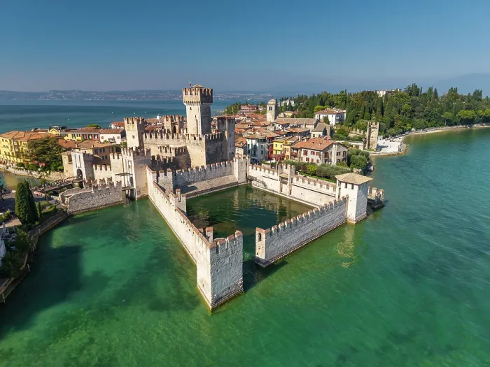 Framed Print : Aerial View over Scaliger Castle, Sirmione, Lake Garda, Brescia province, Lombardy, Italy Framed Print : Aerial View over Scaliger Castle, Sirmione, Lake Garda, Brescia province, Lombardy, Italy
