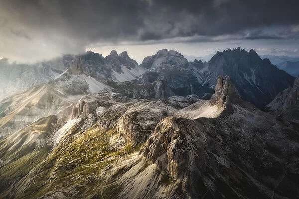 Aerial view of Scarpieri Tower and Sesto Dolomites. Bolzano province, South Tyrol, Italy