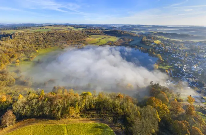 Framed Print : Aerial view on the Schalkenmehren maar lake with morning fog, Schalkenmehren near Daun Framed Print : Aerial view on the Schalkenmehren maar lake with morning fog, Schalkenmehren near Daun