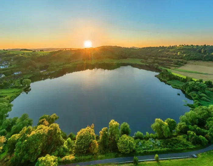 Framed Print : Aerial view on the Schalkenmehren Maar lake at sunset, Schalkenmehren near Daun, Eifel, Rhineland-Palatinate, Germany Framed Print : Aerial view on the Schalkenmehren Maar lake at sunset, Schalkenmehren near Daun, Eifel, Rhineland-Palatinate, Germany