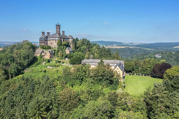Aerial view at Schaumburg castle near Balduinstein, Lahn, Westerwald, Taunus, Rhineland-Palatinate, Germany