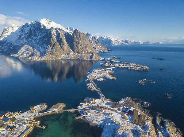 Aerial view of sea and mountains around Sakrisoy, Lofoten Islands, Norway