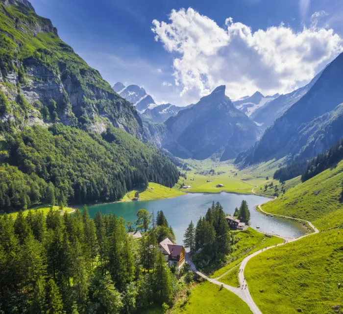 Framed Print : Aerial view of Seealpsee, Canton of Appenzell, Alpstein, Switzerland, Europe Framed Print : Aerial view of Seealpsee, Canton of Appenzell, Alpstein, Switzerland, Europe