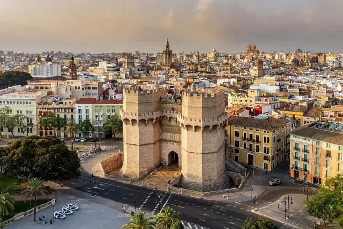 Framed Print : Aerial view of Serranos Towers and old town, Valencia, Valencian Community, Spain Framed Print : Aerial view of Serranos Towers and old town, Valencia, Valencian Community, Spain
