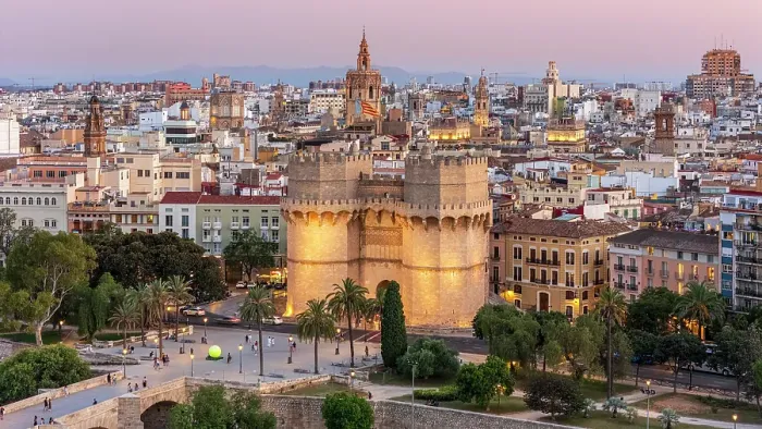 Framed Print : Aerial view of Serranos Towers and old town at dusk, Valencia, Valencian Community, Spain