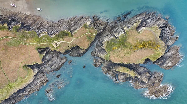 Aerial view of Sextons Burrow headland at Watermouth Cove, Devon, England