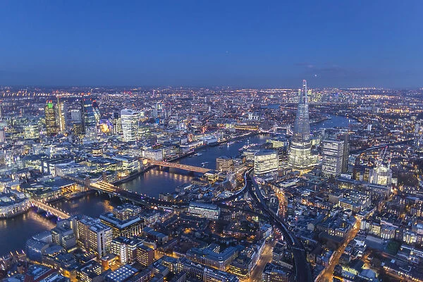 Aerial view of The Shard, River Thames and City of London, London, England