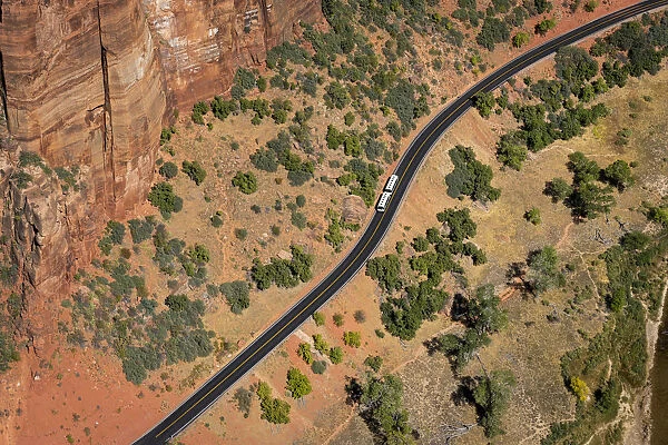 Aerial view of shuttle bus on the scenic drive road taken from Angels Landing