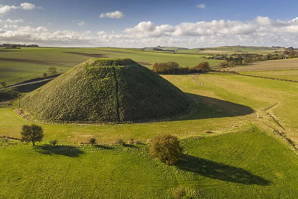 Aerial view of Silbury Hill, a prehistoric artificial mound in Wiltshire, England