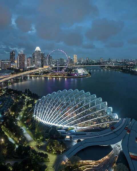 Aerial view of Singapore City skyline at night, Singapore, Asia