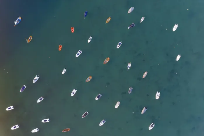 Framed Print : Aerial view of small boats in Salcombe Harbour, South Hams, Devon, England