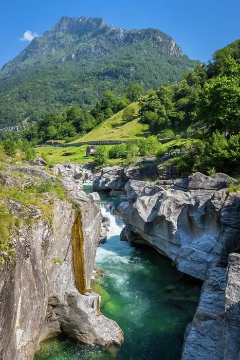Framed Print : Aerial view of a small bridge over river Verzasca. Verzasca, Verzasca Valley, Locarno, Ticino, Switzerland Framed Print : Aerial view of a small bridge over river Verzasca. Verzasca, Verzasca Valley, Locarno, Ticino, Switzerland