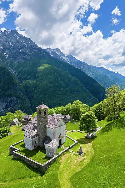 Aerial view of the small mountain walser town of Salecchio Inferiore in spring. Premia, Valle Antigorio, Verbano Cusio Ossola, Piedmont, Italy