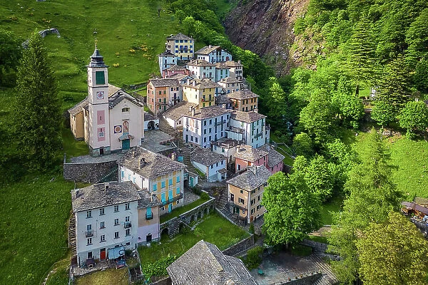 Aerial view of the small walser village of Campello Monti. Campello Monti, Valstrona, Verbano Cusio Ossola district, Piedmont, Italy