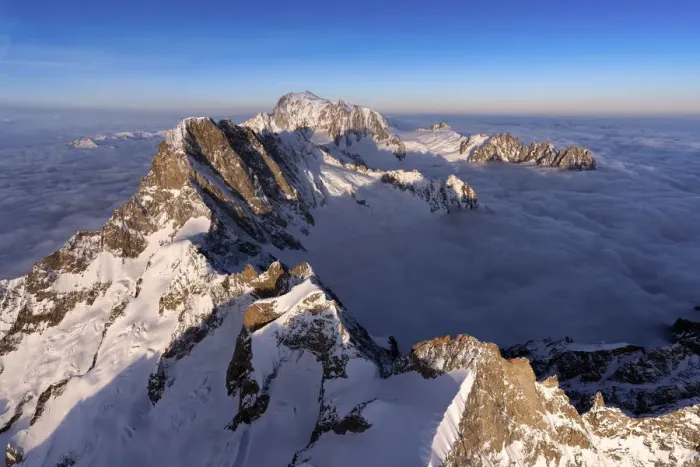 Framed Print : Aerial view of snowy peaks of Mont Blanc during sunrise, Courmayeur, Aosta Valley, Italy