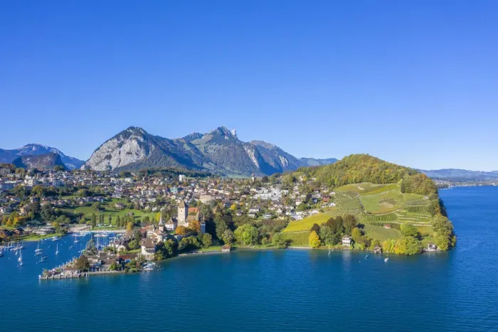 Framed Print : Aerial view on Spiez and Lake Thun, Berner Oberland, Switzerland