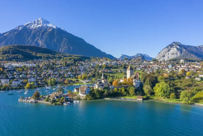 Framed Print : Aerial view on Spiez and Lake Thun, Berner Oberland, Switzerland Framed Print : Aerial view on Spiez and Lake Thun, Berner Oberland, Switzerland