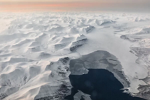 Aerial view of Spitsbergen at night in early spring, Svalbard