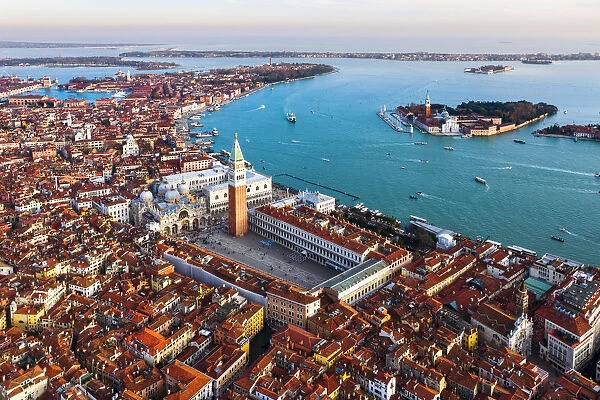 Aerial view of St Marks square and San Giorgio Maggiore church, Venice, Italy