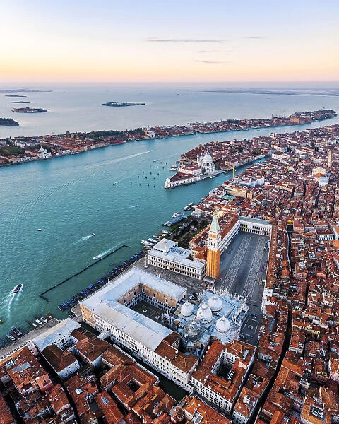 Aerial view of St Marks square at sunrise, Venice, Italy