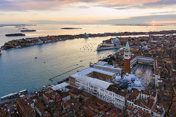 Aerial view of St Marks square at sunset, Venice, Italy