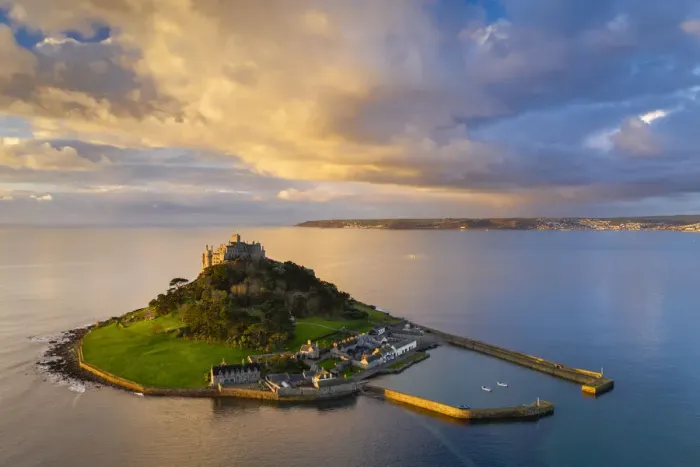 Framed Print : Aerial view of St Michaels Mount at dawn, Marazion, Cornwall, England Framed Print : Aerial view of St Michaels Mount at dawn, Marazion, Cornwall, England
