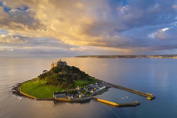 Aerial view of St Michaels Mount at dawn, Marazion, Cornwall, England