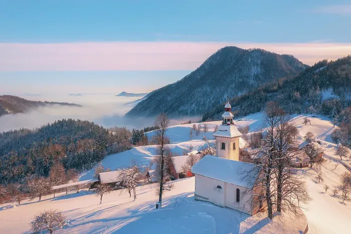 Framed Print : Aerial view of St Thomas Church and the Kamnik Alps, Rantovse, Slovenia at sunset Framed Print : Aerial view of St Thomas Church and the Kamnik Alps, Rantovse, Slovenia at sunset